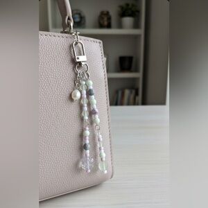 Pastel Pearl Mint, Pink and Periwinkle Beaded Bag Charm Keychain with Real Pearl